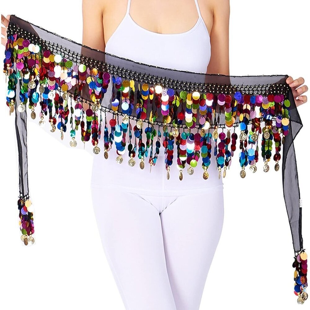 Women's Belly Dance Hip Scarf Skirt Wrap Black Sequins Coins Performance Costume